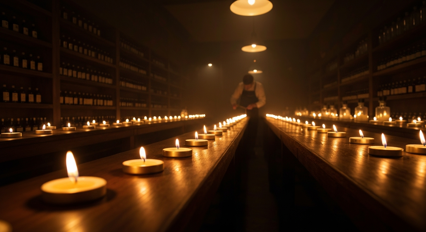 Vue d'atelier de parfumerie au crépuscule, bougies allumées sur tables longues, lumière ambrée