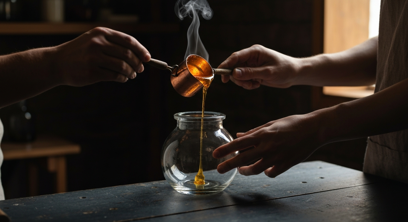 Mains d'artisan versant de la cire de soja fondue dans un flacon en verre, lumière chaude d'atelier
