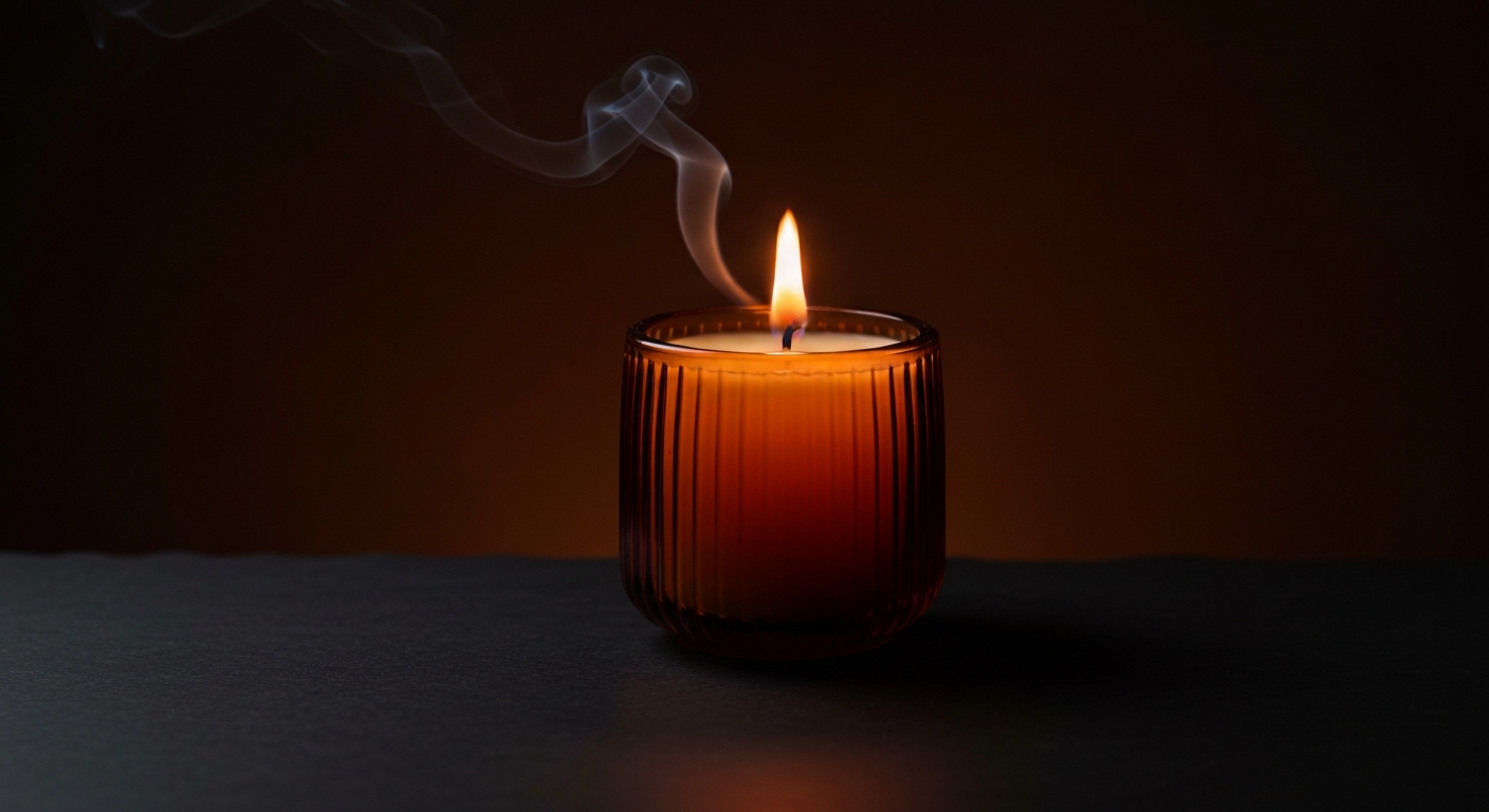 Bougie artisanale Bougiearomora en flacon ambre, photographiée dans une lumière chaude et tamisée
