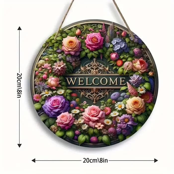 1 panneau de bienvenue en fleurs neuves, une étiquette ronde suspendue en bois pour la décoration de