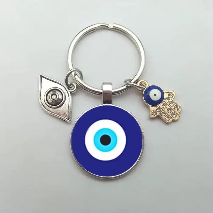 Porte-Clés Rond en Verre avec Photo Religieuse, Pendentif Mauvais Œil Bleu, Grands Cils, Bijoux Cade