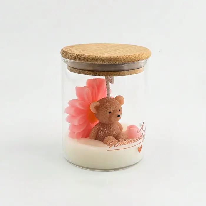 Bougie en forme d'ours en peluche dans un bocal en verre avec couvercle en bois, bougie parfumée en 