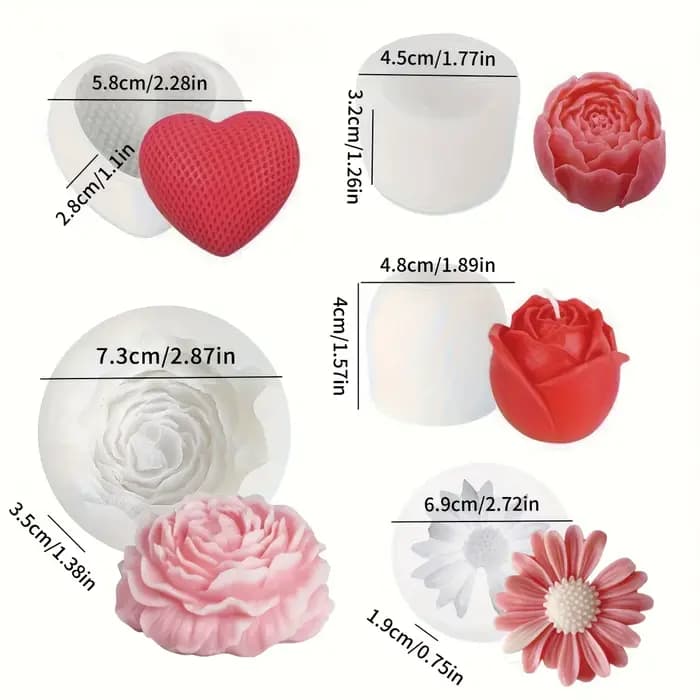 Ensemble de 5 moules à bougies florales individuelles |   Rose, marguerite, pivoine, design en forme