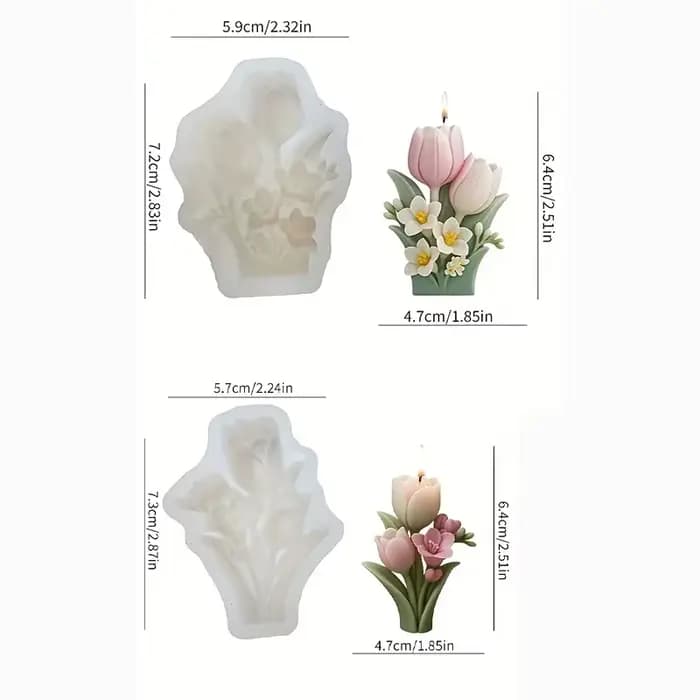Moule à bougie florale deux pièces, design de bouquet à fond plat, forte flexibilité, artisanat de b