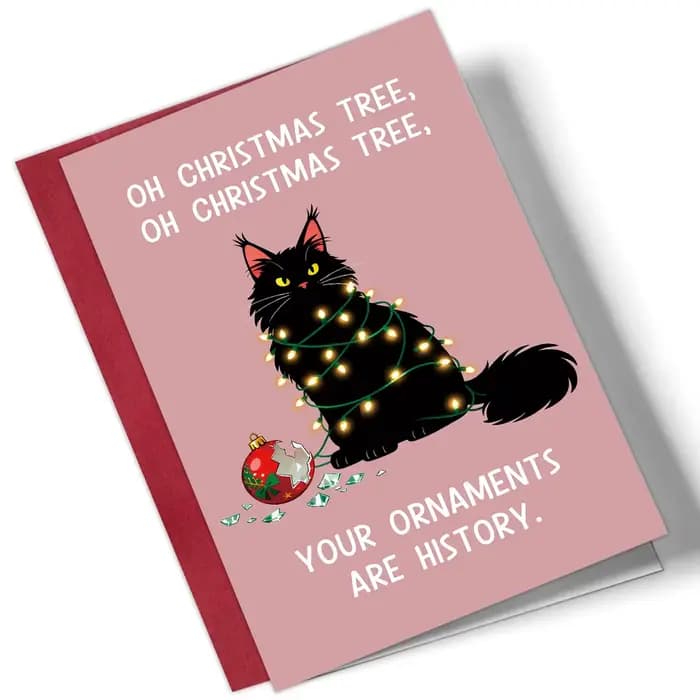 Carte de vœux humoristique, Illustration drôle de chat noir de noël, carte de noël pour les amoureux
