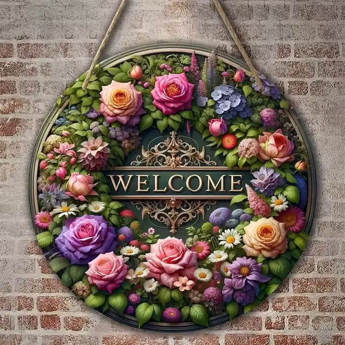 1 panneau de bienvenue en fleurs neuves, une étiquette ronde suspendue en bois pour la décoration de la maison, décorée avec une couronne floraison au centre