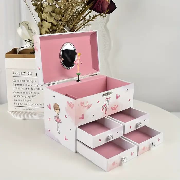 Boîte de rangement pour musique, boîte carrée à trois niveaux multi-compartiments avec quatre tiroirs et décoration miroir, design classique de ballerine, grand espace pour ranger des bijoux, des acce