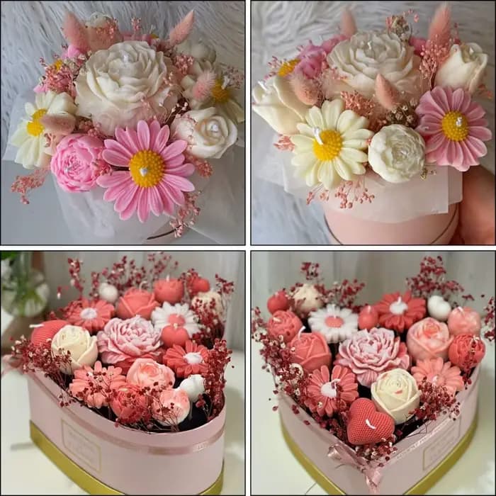Ensemble de 5 moules à bougies florales individuelles |   Rose, marguerite, pivoine, design en forme de cœur |   Moule en silicone 3D, adapté aux bougies parfumées et aux bougies artisanales