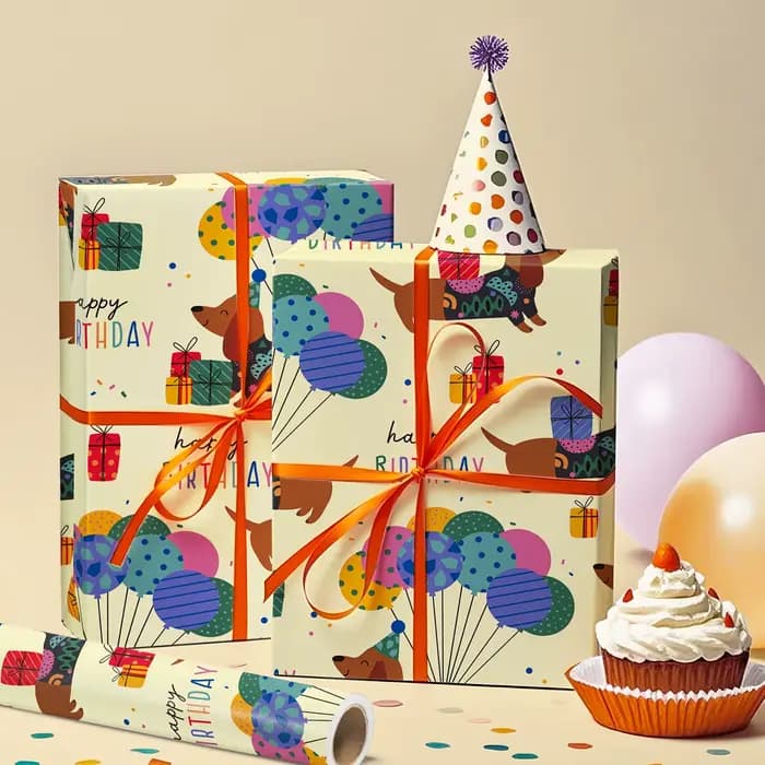 1 rouleau de papier cadeau coloré pour anniversaire, motif Teckel |   Rouleau de 43 cm x 300 cm pour fêtes d'anniversaire, événements sur le thème des animaux et anniversaires d'enfants