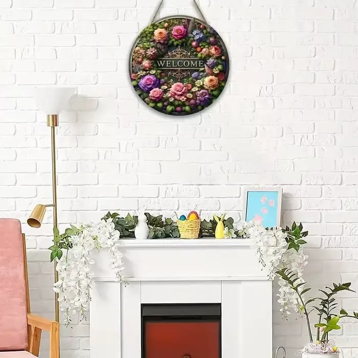 1 panneau de bienvenue en fleurs neuves, une étiquette ronde suspendue en bois pour la décoration de la maison, décorée avec une couronne floraison au centre