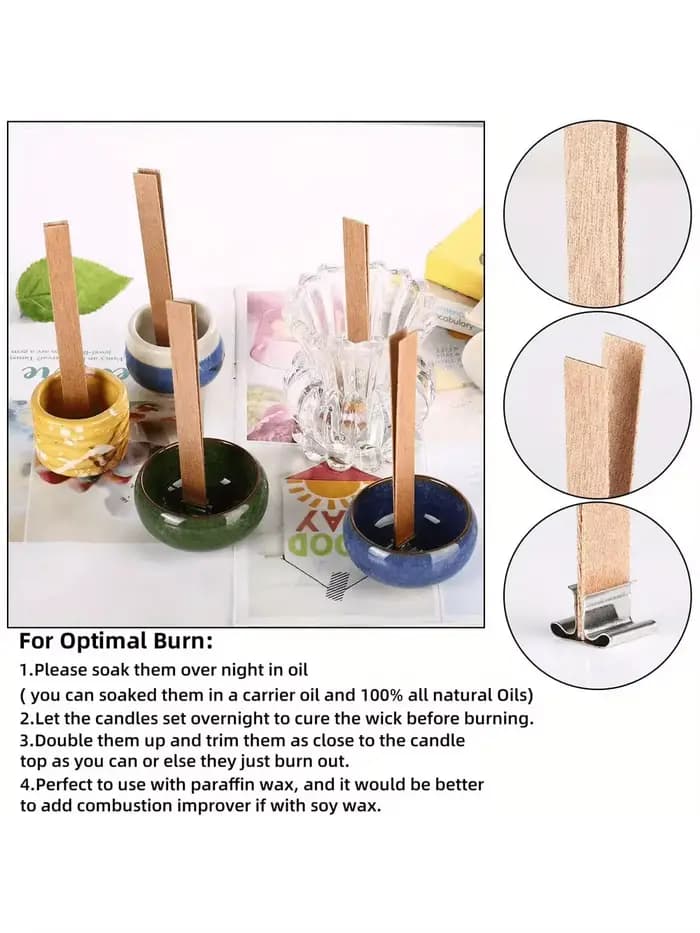 Mèche de bougies en bois, 20 pièces, Kit de fabrication de bougies, noyau de bougie sans fumée avec Base à Clip, bougie faite à la main, noyau en bois