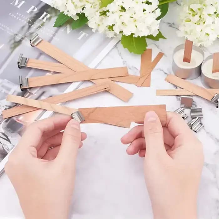 Mèche de bougies en bois pour bricolage, Kit de fabrication de pots de bougies en paraffine, noyau de bougie avec Base à Clip, noyaux de mèche de bougie sans fumée faits à la main, 10 pièces