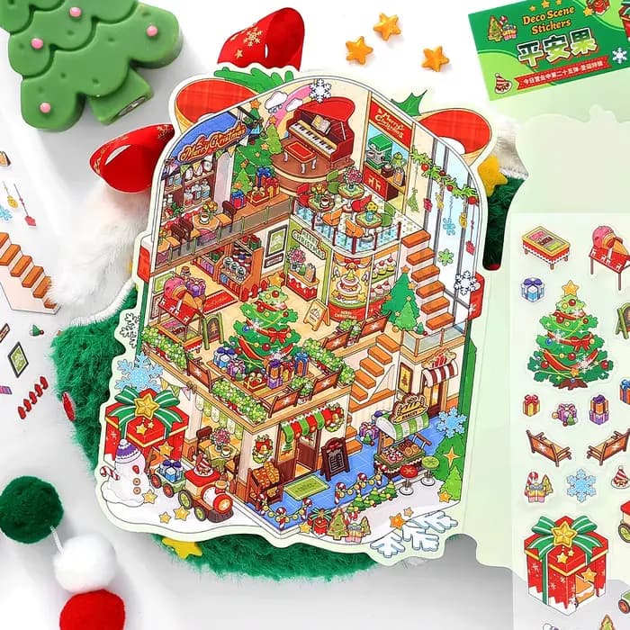 Kawaii 3D dessin animé maison de noël série scène Miniature autocollants bricolage à la main empilé Scrapbook autocollants cadeaux de vacances