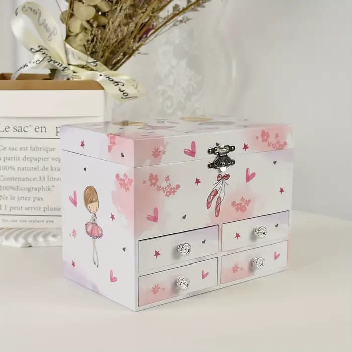 Boîte de rangement pour musique, boîte carrée à trois niveaux multi-compartiments avec quatre tiroirs et décoration miroir, design classique de ballerine, grand espace pour ranger des bijoux, des acce