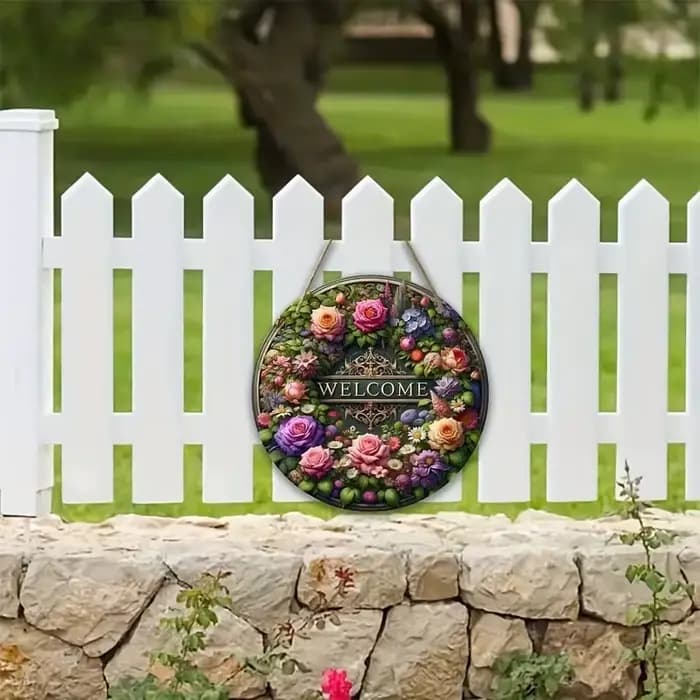 1 panneau de bienvenue en fleurs neuves, une étiquette ronde suspendue en bois pour la décoration de la maison, décorée avec une couronne floraison au centre