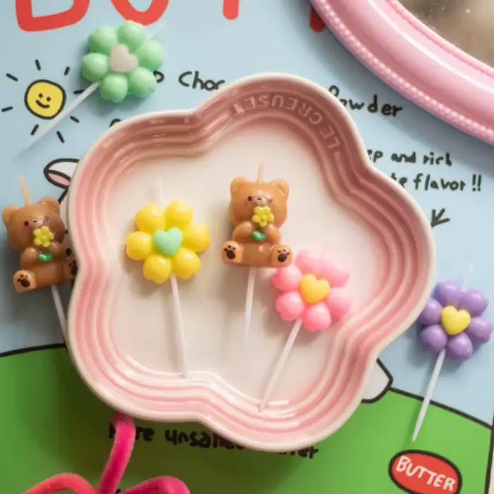 Bougies d'anniversaire ours, bougies de gâteau en forme de fleur, décorations de gâteau, fournitures de fête ours, fournitures de fête pour baby shower et mariage