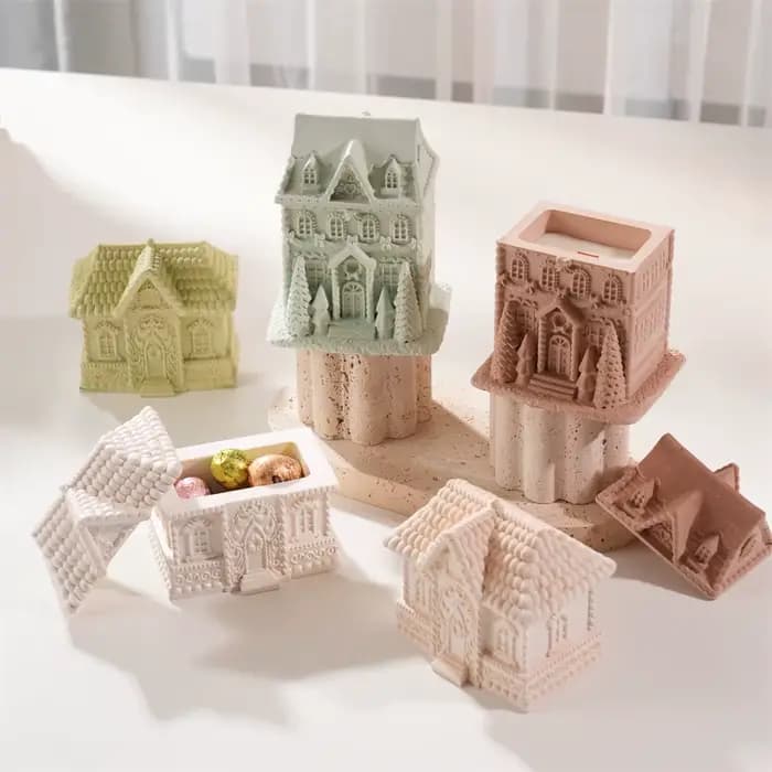 Pot de bougie en Silicone pour maison en pain d'épice, décoration de noël, moule en béton avec couvercle, brûleur de cire fondu, stockage de plâtre, moule en Silicone