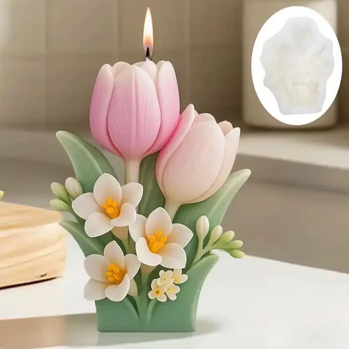 Moule à bougie florale deux pièces, design de bouquet à fond plat, forte flexibilité, artisanat de bricolage élégant, adapté à la décoration de la maison