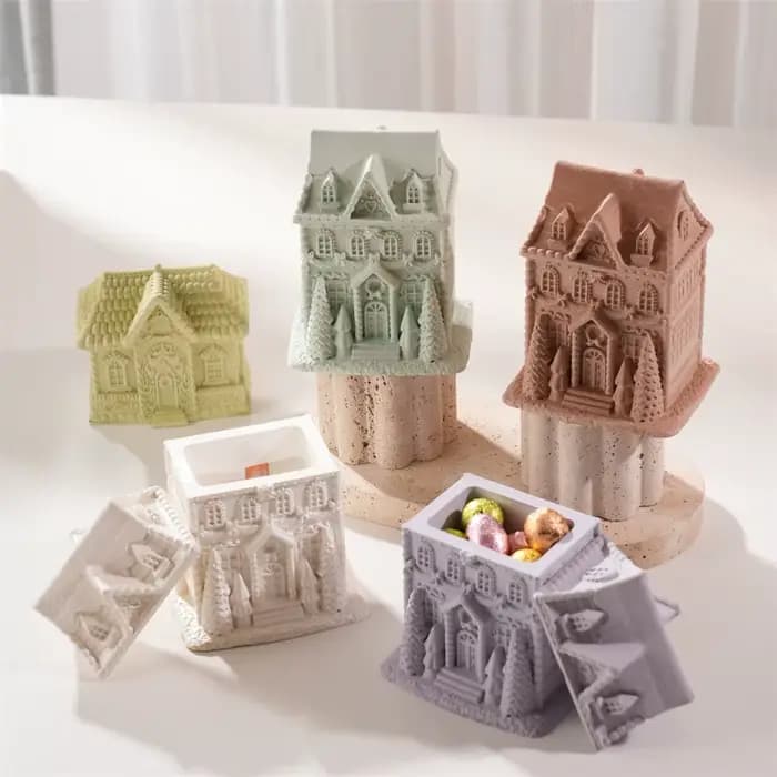 Pot de bougie en Silicone pour maison en pain d'épice, décoration de noël, moule en béton avec couvercle, brûleur de cire fondu, stockage de plâtre, moule en Silicone