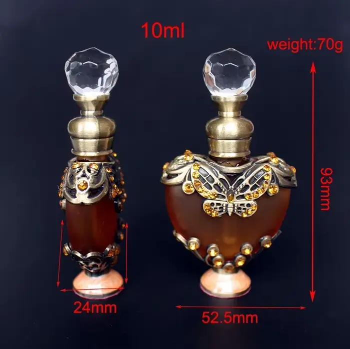 Bouteille de parfum en métal en forme de cœur Vintage de 10ml, bouteilles d'huiles essentielles élégantes, bouteille en verre artisanale avec compte-gouttes en verre