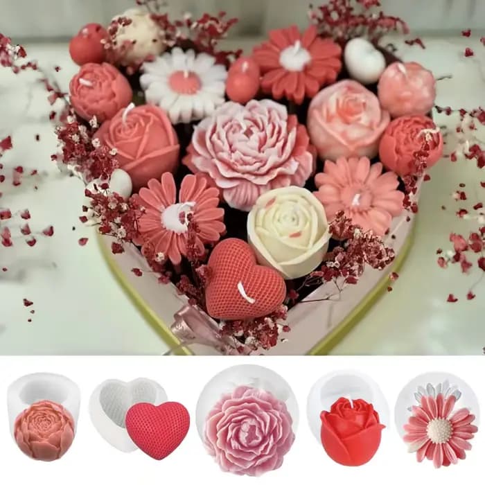 Ensemble de 5 moules à bougies florales individuelles |   Rose, marguerite, pivoine, design en forme de cœur |   Moule en silicone 3D, adapté aux bougies parfumées et aux bougies artisanales