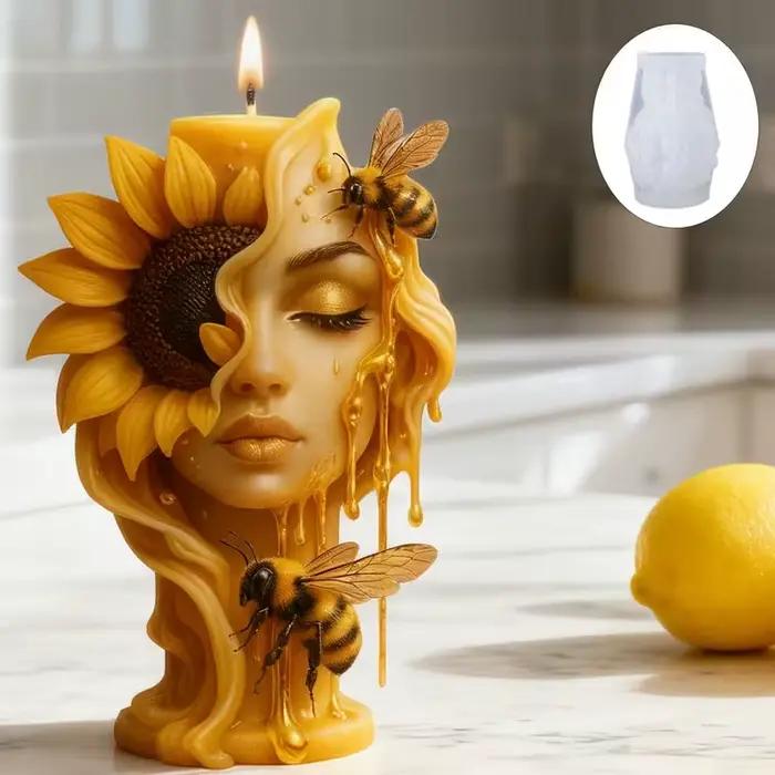 Moule à bougie tournesol et abeille, un moule artistique en relief tridimensionnel avec un tournesol demi-face, dégoulinant de miel