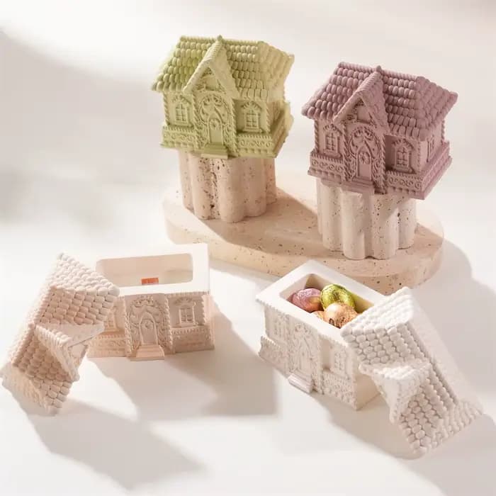 Pot de bougie en Silicone pour maison en pain d'épice, décoration de noël, moule en béton avec couvercle, brûleur de cire fondu, stockage de plâtre, moule en Silicone