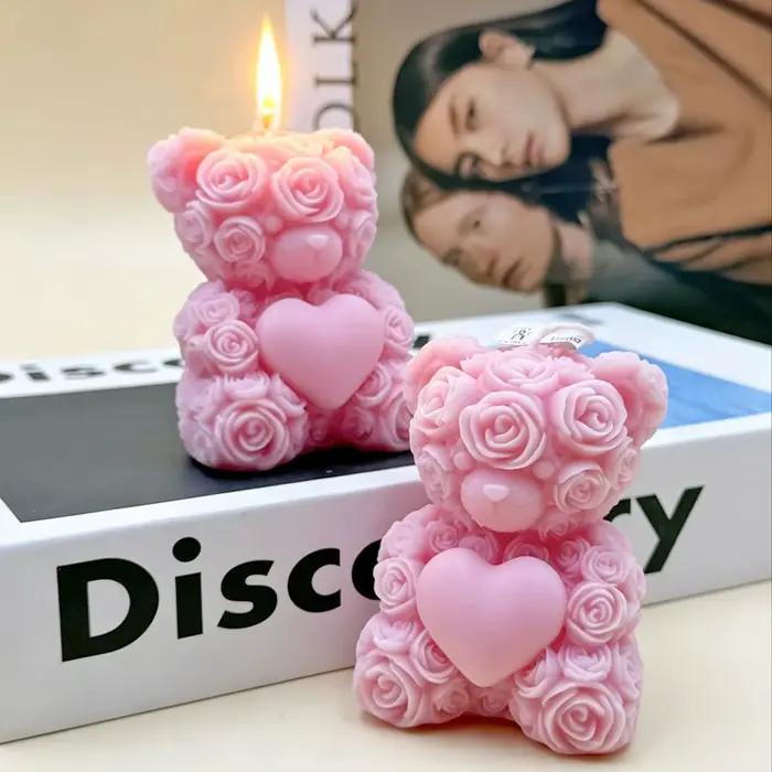 Bougie artisanale en forme de cœur d'ours rose, mignonne, aromathérapie, cadeau romantique pour petite amie, décoration de la maison, fête d'anniversaire