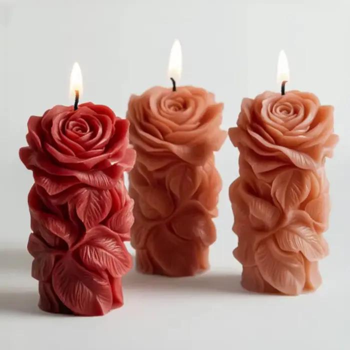 Moule en Silicone pour bougie pilier Rose 3D, cadeaux de saint-valentin, bricolage, colonne de fleur de pivoine géométrique, bougie parfumée, moule d'ornement en plâtre