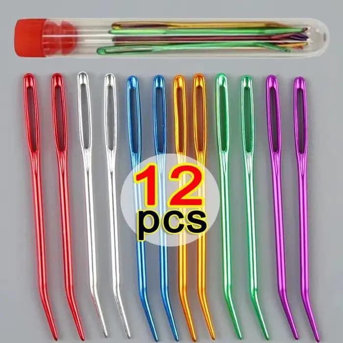 Lot de 12 aiguilles à tricoter et à crocheter avec fils, aiguilles à tisser, aiguilles à tapisserie, aiguilles courbées pour le crochet, aiguilles à reparer à grand chas