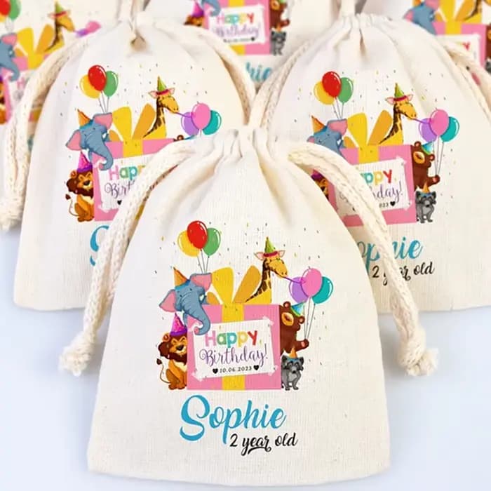 Sacs Gİft personnalisés avec animaux de dessin animé joyeux anniversaire, 5 pièces, cadeau de bienvenue pour fête, décoration de Table et accessoires pour premier anniversaire pour enfant 2 3ème