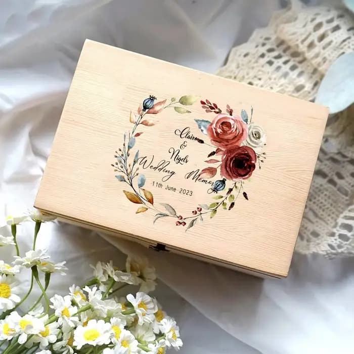Boîte de mémoire florale personnalisée en bois, boîtes Keepplex de mariage, cadeau pour la mariée et le marié, nom personnalisé, cadeau unique, urgence
