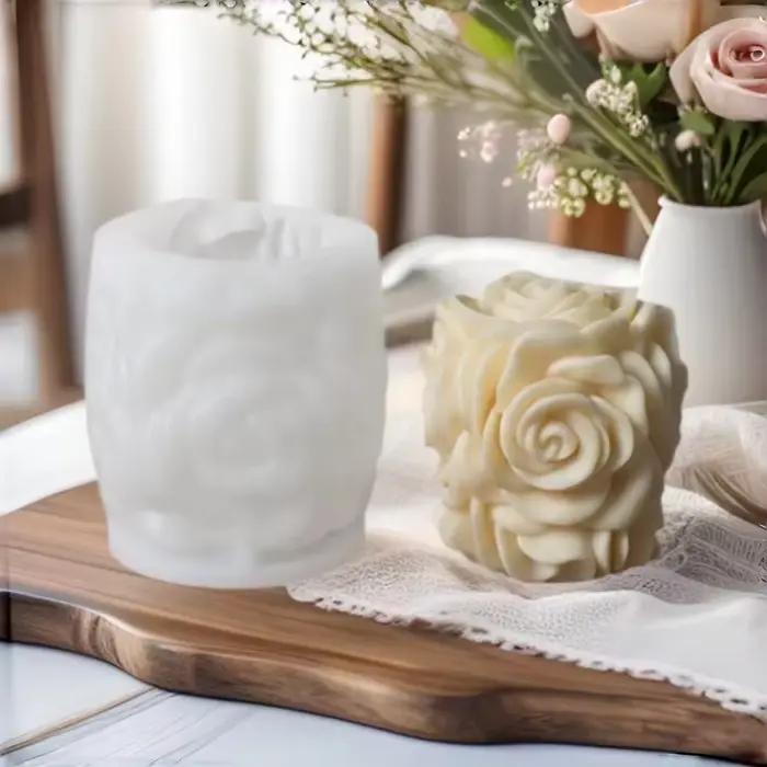Moule en Silicone pour bougie pilier Rose 3D, cadeaux de saint-valentin, bricolage, colonne de fleur de pivoine géométrique, bougie parfumée, moule d'ornement en plâtre
