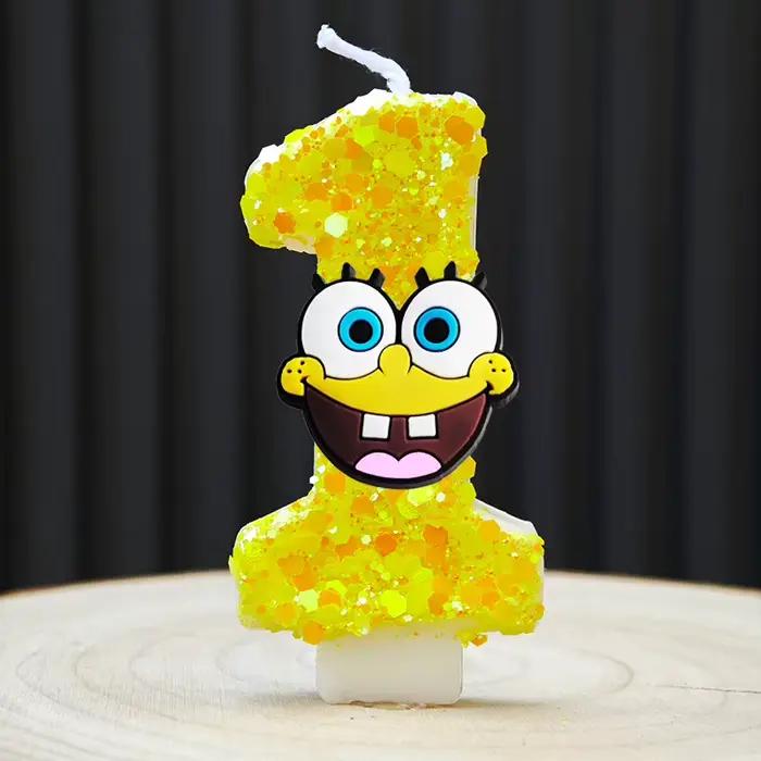 Bougie numérique artisanale Bob l'éponge mignonne 0-9, décoration de gâteau, décoration de fête d'anniversaire pour enfants, accessoires photo pour fête de baby shower, cadeaux