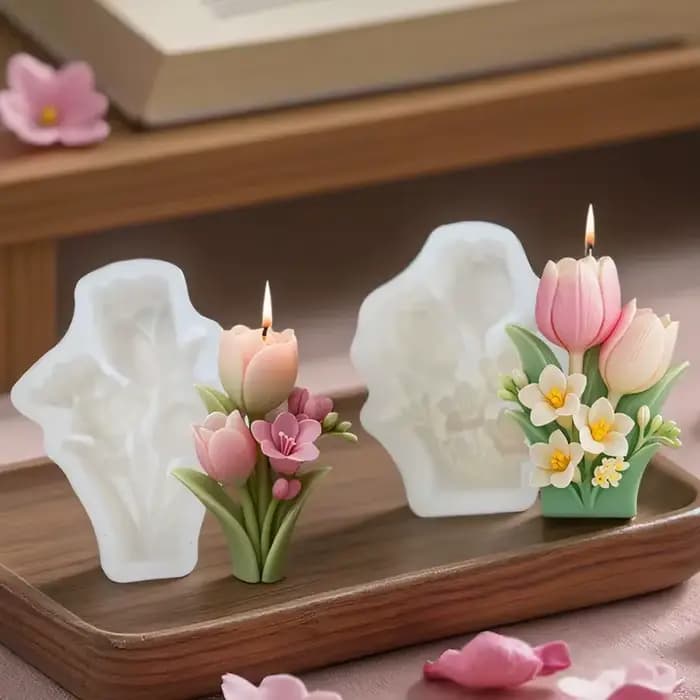 Moule à bougie florale deux pièces, design de bouquet à fond plat, forte flexibilité, artisanat de bricolage élégant, adapté à la décoration de la maison
