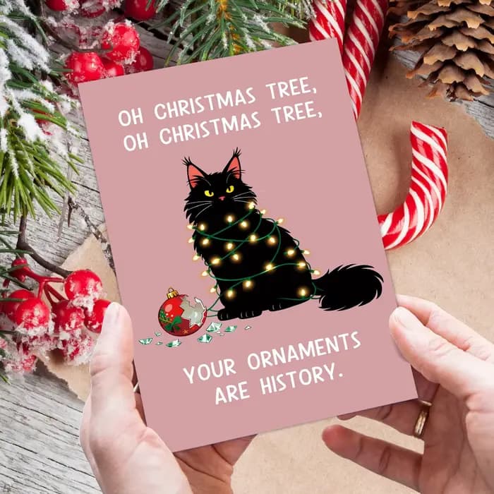 Carte de vœux humoristique, Illustration drôle de chat noir de noël, carte de noël pour les amoureux des animaux de compagnie, les amis, l'échange de cadeaux de fête de noël, 1 pièce