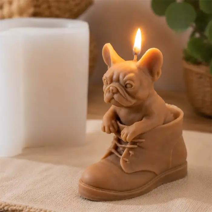 Moule en silicone 3D Bouledogue Français pour bougie, chiot en botte, moule de fabrication de bougies, moule artisanal en cire DIY, décoration d'intérieur, cadeau fait main
