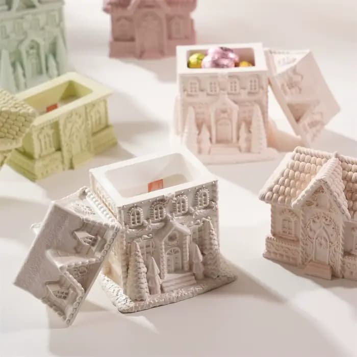 Pot de bougie en Silicone pour maison en pain d'épice, décoration de noël, moule en béton avec couvercle, brûleur de cire fondu, stockage de plâtre, moule en Silicone
