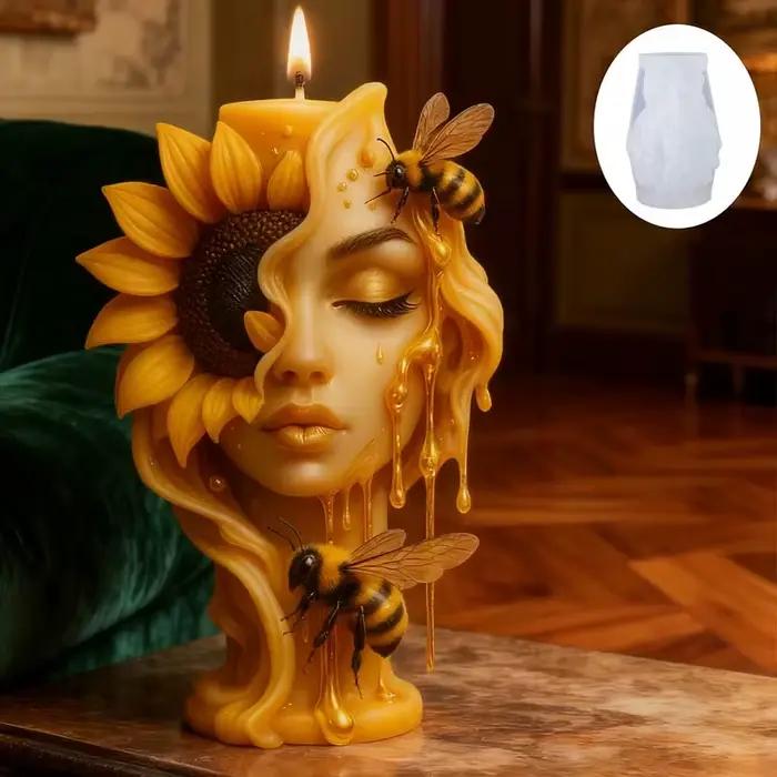 Moule à bougie tournesol et abeille, un moule artistique en relief tridimensionnel avec un tournesol demi-face, dégoulinant de miel