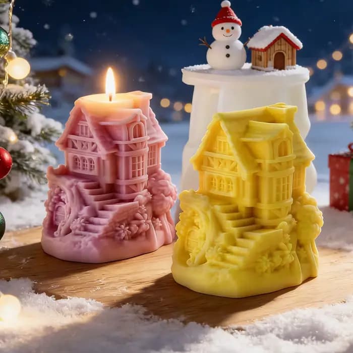 Moule en silicone DIY pour bougie parfumée maison de Noël, moule artisanal pour moulage de plâtre, moule en forme de maison pour bougies en cire de soja