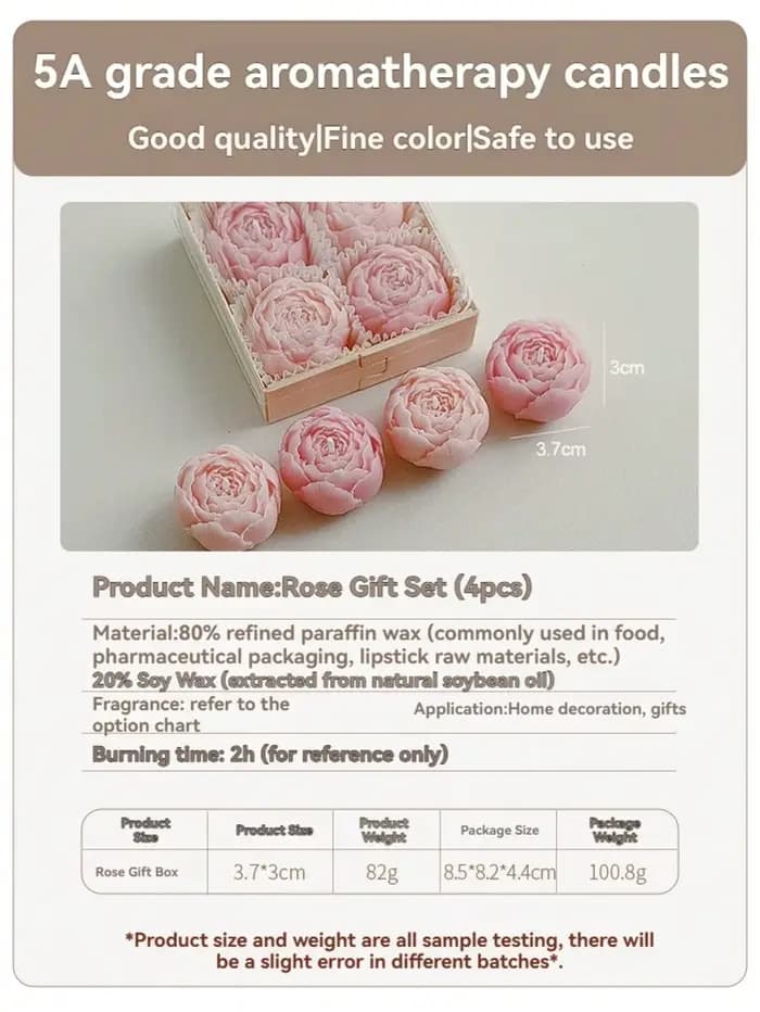Bougie en cire de soja en forme de fleur de rose, lot de 4 coffrets cadeaux, bougies décoratives sans fumée faites à la main pour la décoration de la maison, anniversaire, cadeaux de mariage