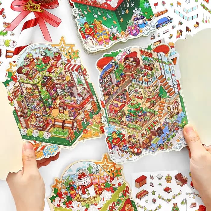 Kawaii 3D dessin animé maison de noël série scène Miniature autocollants bricolage à la main empilé Scrapbook autocollants cadeaux de vacances