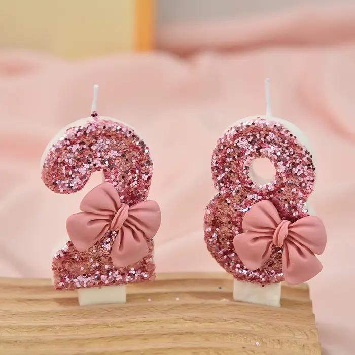 Bougie créative à paillettes de couleur assortie avec nœud rose, décoration numérique pour gâteau d'anniversaire, anniversaire