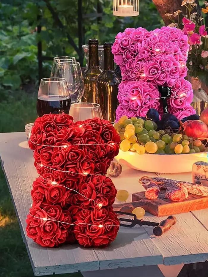 Ourson en roses artificielles, fausses fleurs, pour la Saint-Valentin, pour la fête des mères, pour une femme