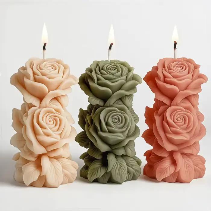 Moule en Silicone pour bougie pilier Rose 3D, cadeaux de saint-valentin, bricolage, colonne de fleur de pivoine géométrique, bougie parfumée, moule d'ornement en plâtre