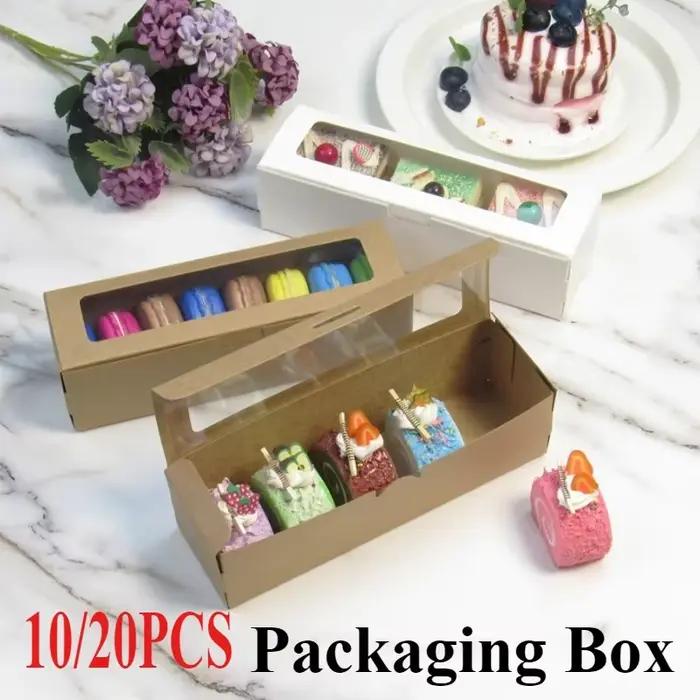 Boîte cadeau en papier kraft Macaron avec fenêtre transparente et couvercle rabattable, en carton blanc, pour desserts, bonbons, fleurs, emballage de fête