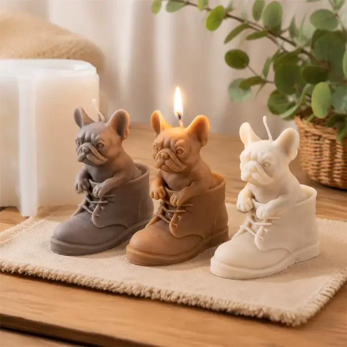 Moule en silicone 3D Bouledogue Français pour bougie, chiot en botte, moule de fabrication de bougies, moule artisanal en cire DIY, décoration d'intérieur, cadeau fait main