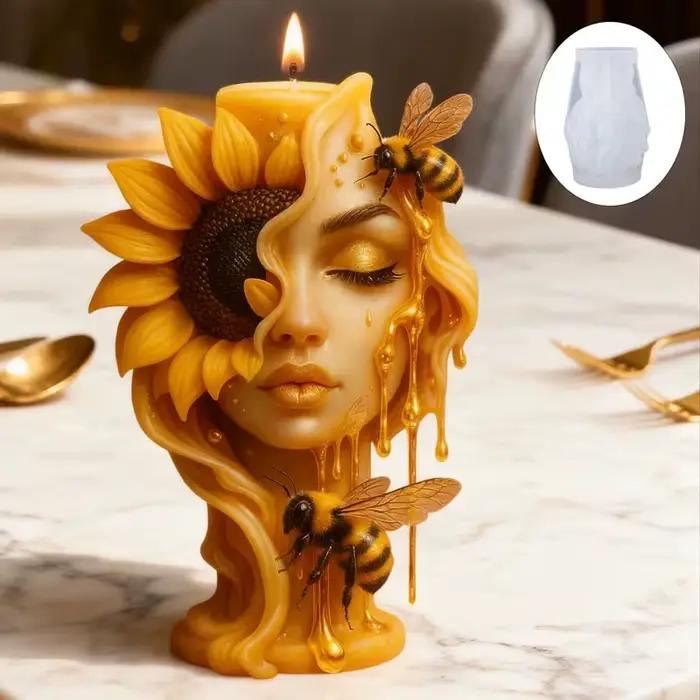 Moule à bougie tournesol et abeille, un moule artistique en relief tridimensionnel avec un tournesol demi-face, dégoulinant de miel