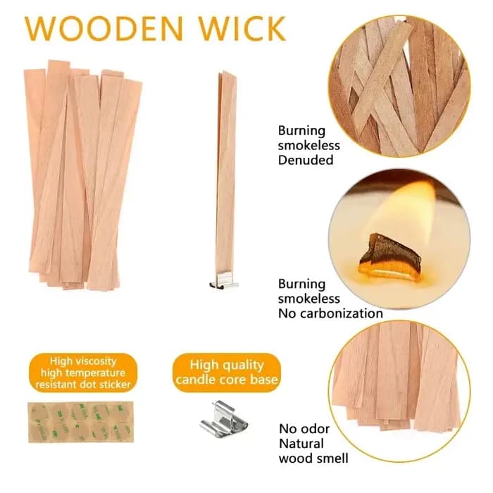 Mèche de bougies en bois, 20 pièces, Kit de fabrication de bougies, noyau de bougie sans fumée avec Base à Clip, bougie faite à la main, noyau en bois