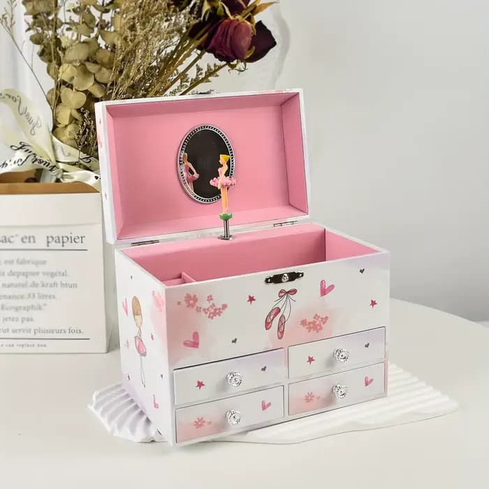 Boîte de rangement pour musique, boîte carrée à trois niveaux multi-compartiments avec quatre tiroirs et décoration miroir, design classique de ballerine, grand espace pour ranger des bijoux, des acce